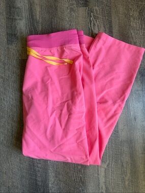 Figs Hot Pink Scrub Pants with Yellow Drawstring